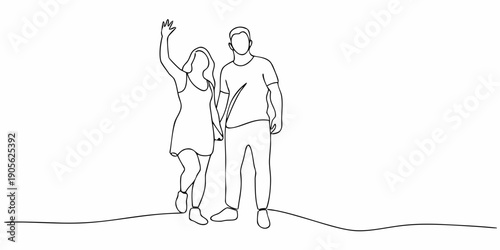 Line art illustration of a couple celebrating with arms raised