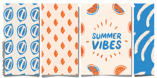 Four patterned panels featuring citrus fruits and summery text