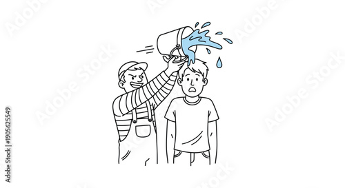 A simple, black and white cartoon illustration of two boys, one pranking the other with a bucket of water, creating a fun and mischievous atmosphere