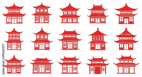 A Diverse Collection of Red Chinese Pagoda Style Architecture Buildings, Showcasing Traditional East Asian Cultural Building Designs and Artistic Elements