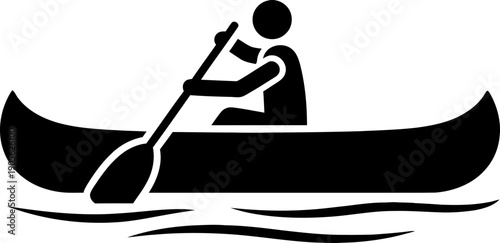 Man paddling a canoe on water. Recreation and outdoor activity concept. Black and white pictogram icon for web design, app, travel service