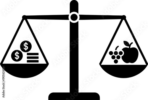 Old justice scale showing financial currency and fresh food on each side as a concept for balance or importance. Vector illustration for business or health design