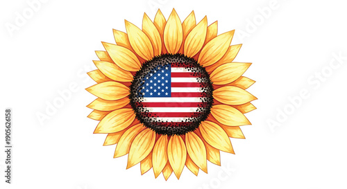 Vector sunflower with American flag pattern, patriotic icon, for banner or poster, Isolated on transparent background, png
