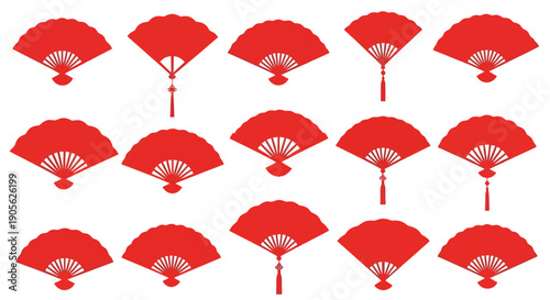 Collection of ornate red Chinese handheld folding fans, showcasing intricate designs and decorative tassels, symbolizing traditional elegance and cultural artistry for festive occasions and decor