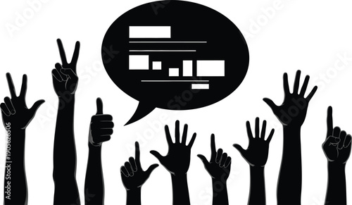 Diverse hands gesturing with speech bubble for communication