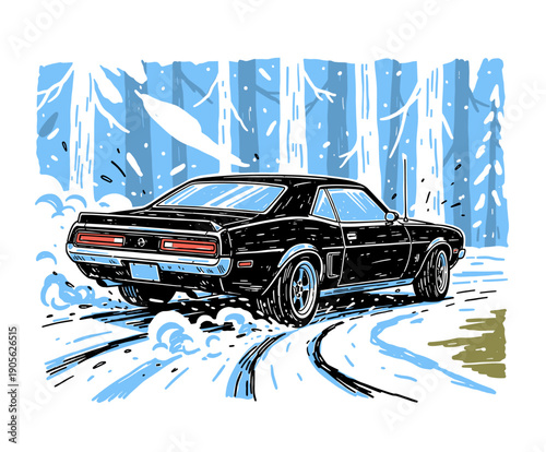Retro Black Muscle Car Drifting on Snowy Winter Road Graphic. Hand drawn vector illustration for automotive poster and extreme racing apparel print design.