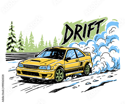 Extreme Yellow Rally Car Drift Vector Design, Grunge Comic Book Style, Winter Speed Concept Graphic for T-Shirt Print and Automotive Poster
