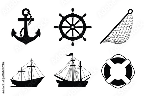 Nautical black icon collection. Includes anchor, ship wheel, fishing net, sailboat, sailing ship, lifebuoy. Created in solid black style with white background