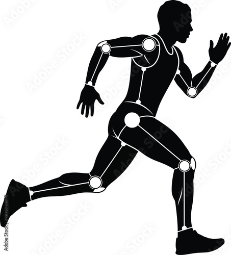 A black silhouette of a human figure in a running motion with white lines indicating joint connections and muscle groups