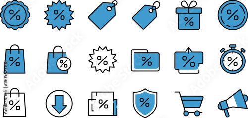 Selection of flat design commerce icons including store bags and star shaped price tags with percentage symbols