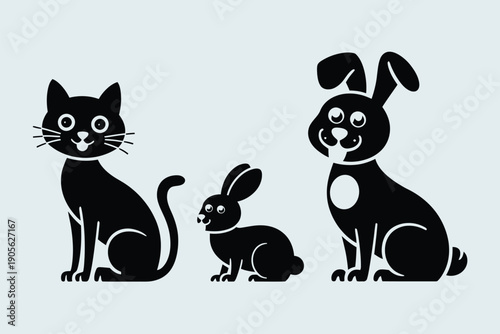 Black silhouettes of cat, rabbit, and hare icons. Includes animal, pet, and mammal symbols. Created in solid style with black and white color palette.