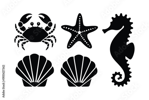 Marine life black silhouette icon collection. Includes crab, starfish, seahorse, scallop, clam. Created in solid style with black color.