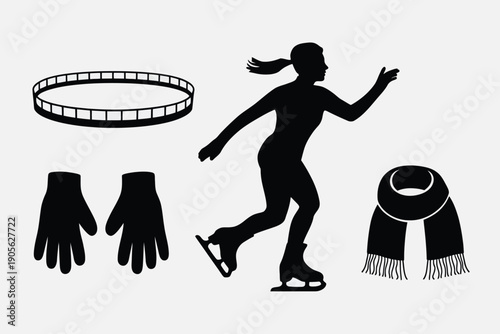 Winter sports icon set. Includes ice skating, scarf, gloves, and hat symbols. Created in black silhouette style with monochromatic palette.