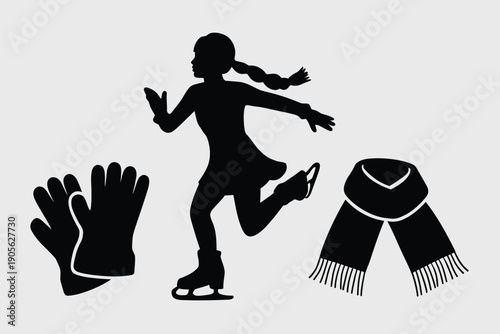 Winter sports icon set. Includes ice skater, glove, scarf. Created in black silhouette style with white outline.