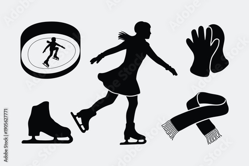 Winter sports icon set. Includes ice skating, ice skate, glove, scarf, and rink symbols. Created in black silhouette style with monochromatic palette.