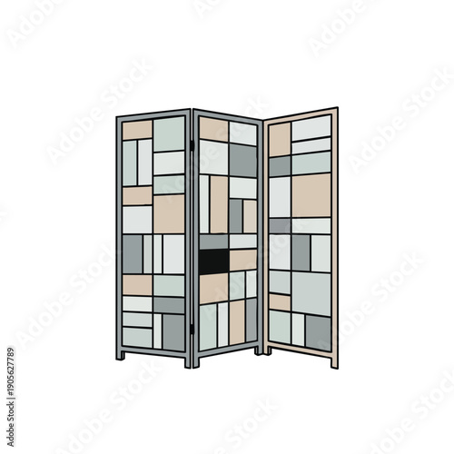 Modern Tri Fold Room Divider with Mosaic Glass Panels