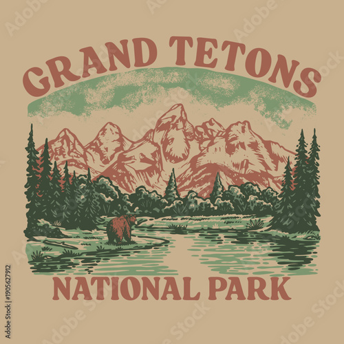 Fotografía Grand Teton National Park illustration vintage hand draw illustration for badge