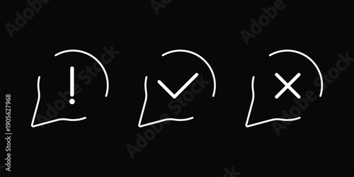 Hand Drawn Speech Bubble Icons Set with Exclamation, Check Mark and Cross, Minimal Black Line Doodle. check mark icon button set. check box icon with right and wrong buttons and yes or no checkmark s 