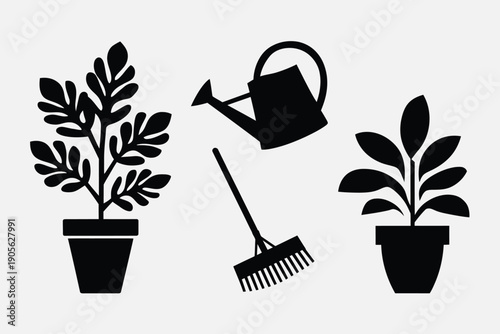Gardening tools and plants icon set. Includes potted plants, watering can, and rake. Created in solid black style with minimal design.