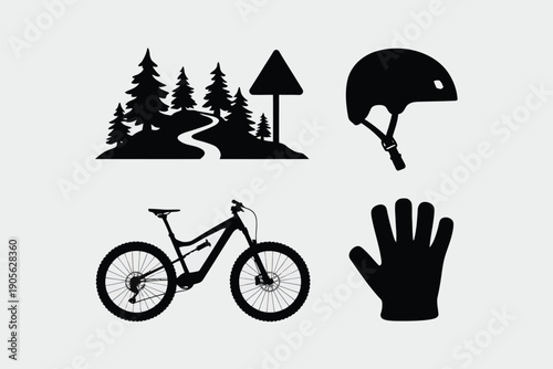 Mountain biking icon set. Includes bicycle, helmet, trail, and glove symbols. Created in black silhouette style with simple design