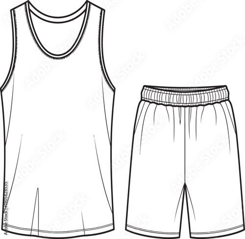 Simple illustration of a sleeveless shirt and shorts on a white background.