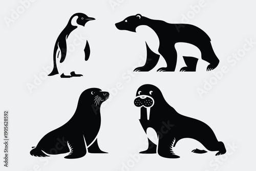 Arctic animal silhouette icon set. Includes penguin, polar bear, seal, and walrus symbols. Created in black silhouette style with white accents.