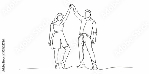 A couple joyfully dancing depicted in a continuous line drawing style