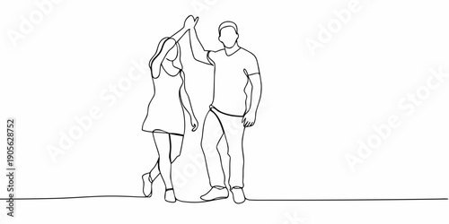 A continuous line drawing depicts a couple celebrating with a high five