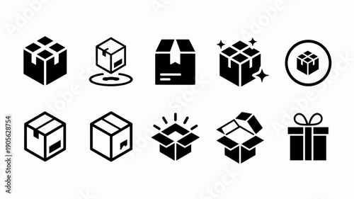 Set of ten black and white icons representing various cardboard boxes delivery packages and gift boxes