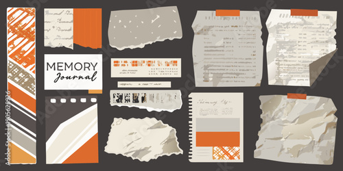 Collage of torn papers notes and a memory journal with orange accents