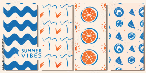 Stylized pattern featuring waves citrus and abstract summer elements