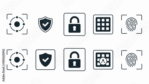 Set of ten vector icons with focus on biometric security, data protection, and access control on white background