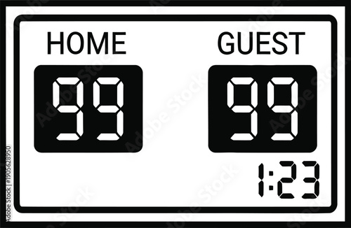 A scoreboard showing a tied score between home and guest teams with a remaining time.