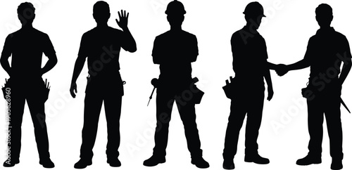 Construction worker silhouette icon set with handyman and builder men standing, waving and shaking hands, labor teamwork collection for industry, repair, and service design.