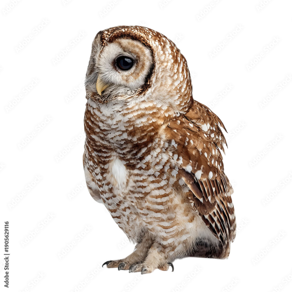 Fototapeta premium PNG of A beautiful brown-spotted owl perched gracefully, showcasing its large dark eyes and intricate feathers.