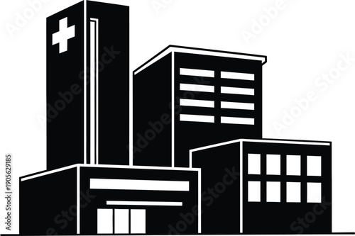 A black and white illustration of a hospital building complex with a medical cross
