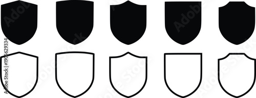 Set of shield icons, protection and security badges vector silhouettes isolated on white background.