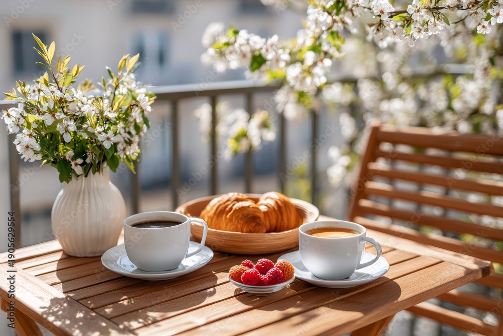 Obraz premium Balcony breakfast with coffee, croissants, and spring flowers
