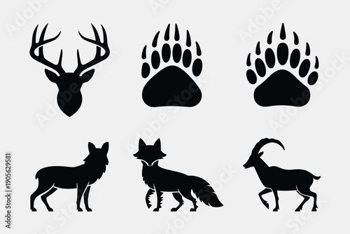 Wildlife silhouette icon collection. Includes deer antlers, bear paw, wolf, fox, and goat symbols. Created in solid black style with simple shapes
