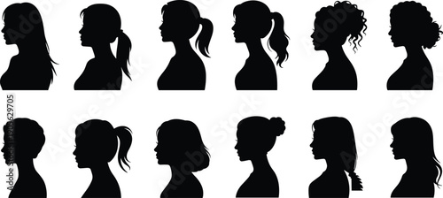 Female head silhouette set in side profile view, woman hairstyle icons collection, black shadow portraits for beauty salon, fashion design, avatar and character illustration.