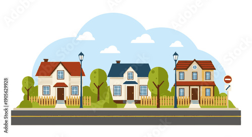 Three Cartoon Houses with Fences and Trees.