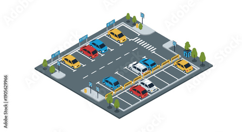 Isometric Parking Lot with Cars and Road.