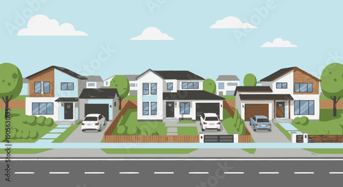 Row of Modern Suburban Homes with Driveways.