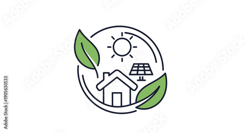 Line drawing of a house with solar panel and sun surrounded by leaves in a circular eco-friendly symbol on a white background.