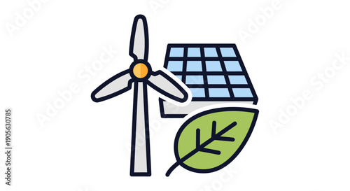 Line drawing of a wind turbine, solar panel, and green leaf on a white background, symbolizing renewable energy and sustainability.