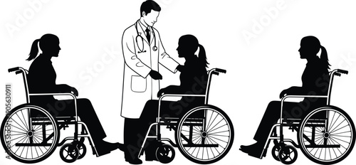 Black and white medical silhouette illustration, doctor attending three wheelchair users, healthcare professional, disability care, patient assistance, accessibility, hospital services,