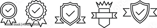 Quality assurance badge icon set with check mark shield and ribbon symbols in outline style, certification and guarantee collection for security, approval, and achievement design.