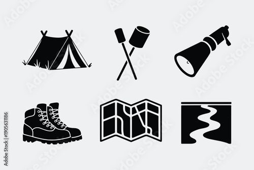 Camping black icon collection. Includes tent, campfire, flashlight, hiking boot, map, trail icons. Created in solid black style with minimal details