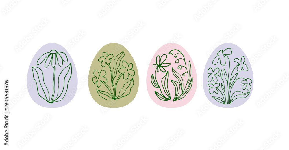 Naklejka premium Cute Easter egg designs. Traditional spring hand drawn decorations, symbols, and floral ornaments. Natural floral patterns. Flat vector illustration 