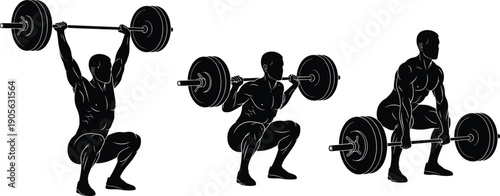 Black and white weightlifting silhouette set featuring clean and jerk, squat, and deadlift exercises with barbells for gym fitness design